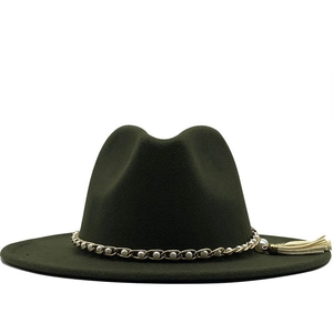 Elegant dark green wool fedora hat with gold chain, white pearls and tassel accent