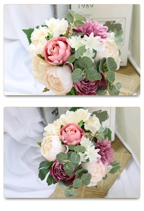 Gros plan de pivoines en soie rose et violette avec eucalyptus pour décor de mariage