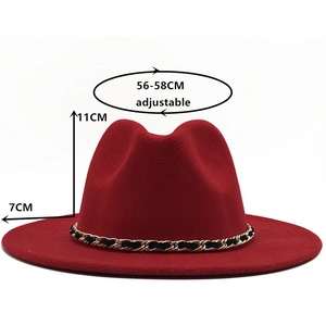 Classic red wide brim fedora hat with black and gold woven chain band detail