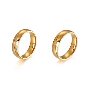Minimalist gold titanium steel couple rings with cubic zirconia inlay for engagement