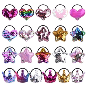 Detailed selection of 21 colorful sequined heart star and crown hair ties for kids