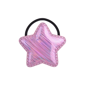 Cute pink holographic star hair tie with black elastic band for kids and women