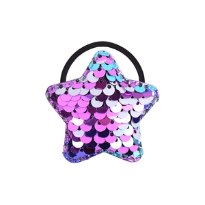 Star-shaped hair tie with purple, pink, and blue sequins on a black elastic band