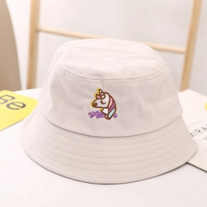 Chapeau bob enfant en coton crème avec broderie licorne et bord pare-soleil d'été