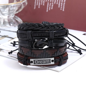Handmade vintage woven leather bracelet set for men with silver Dream engraved metal plate