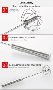 Close-up of 304 stainless steel semi-automatic whisk with thick wire head and long handle