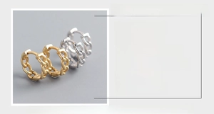 Macro detail of S925 sterling silver chain hoop earrings with size and weight specs