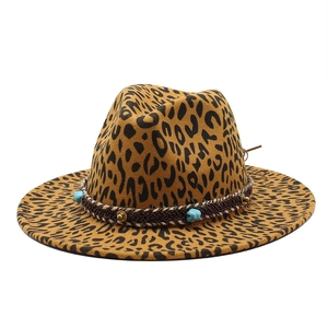 Leopard print wool fedora hat with braided band and turquoise bead for men and women