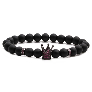 Matte black stone beaded crown bracelet with sparkling pink zircons and rhinestones