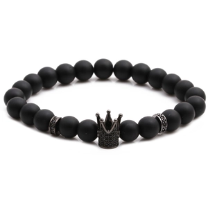 Beaded Bracelet Matte Black Stone Copper Crown Charm Micro Pave Zircon Elastic Handmade Jewelry For Men