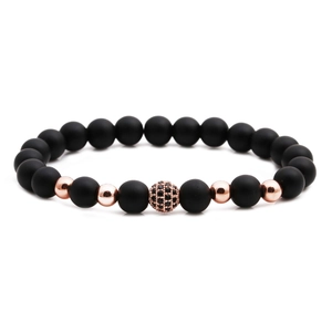 Matte black stone bead bracelet with rose gold zircon paved ball on white background