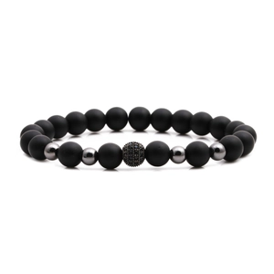 Mens beaded bracelet with matte black stones and sparkling black zircon charm