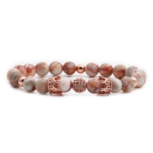 Handmade beaded bracelet with natural grey stone beads and rose gold crown charms