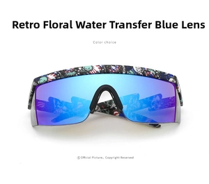 Detail of blue mirrored lenses and vintage floral water transfer print sports sunglasses