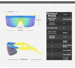 Detailed size chart for sports sunglasses with blue frames and yellow lightning temples