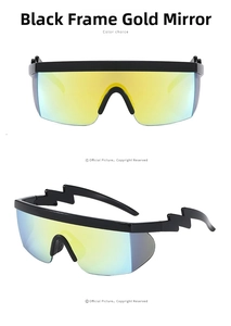 Detail view of sport sunglasses with lightning-shaped temples and gold mirrored lenses