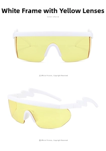Macro view of white sport sunglasses with lightning-shaped temples and yellow lenses