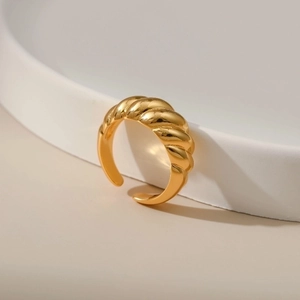 Minimalist 18K gold plated croissant dome ring with a polished twisted texture