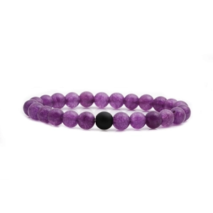 Matte black stone and amethyst purple beaded bracelet for men and women on white background