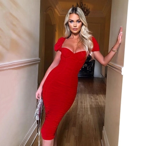 Sexy red ruched bodycon mini dress with short sleeves and square neckline for women