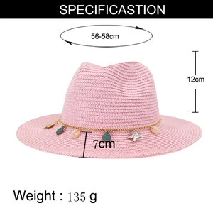Especificaciones de tamaño del sombrero de paja rosa con cadena dorada y adornos marinos
