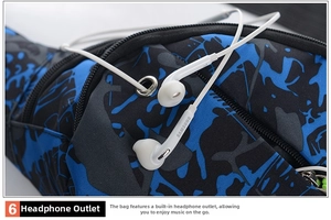 Detail of reinforced earphone outlet on waterproof 400D Oxford fabric sports waist bag