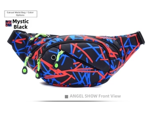 Front view of a 400D oxford fabric sports waist bag with vibrant neon green zippers