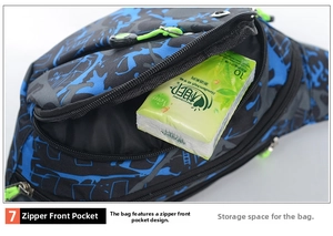 Detail of waterproof camo waist bag featuring front zipper pocket and 400D storage space