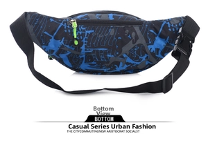 Detail of 400D Oxford cloth waist bag with blue geometric pattern and neon green zipper puller