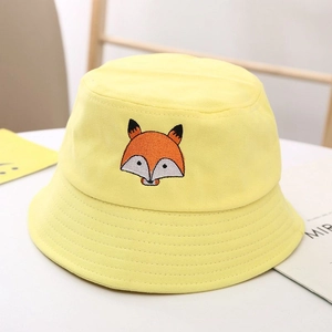 Yellow cotton bucket hat for children with orange fox embroidery for outdoor sun protection