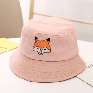 Detail of fox embroidery on pink cotton canvas bucket hat with reinforced stitched brim