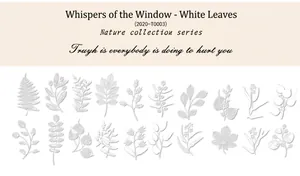 Detail view of 20 semi-transparent white PET plant leaf stickers with delicate vein texture