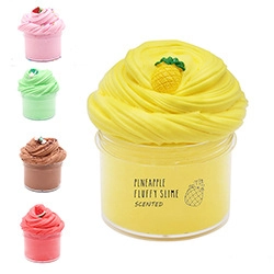 Detailed close-up of fluffy pineapple scented yellow slime in 60ml jar with vibrant colors