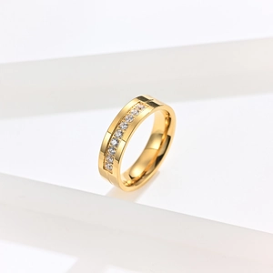 Close-up of 18K gold plated titanium ring with channel set sparkling cubic zirconia stones