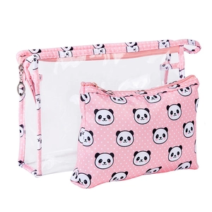 Detail of pink panda print inner bag and transparent PVC outer makeup bag set