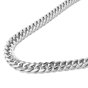 Macro view of 8mm silver stainless steel flat curb chain with polished woven links