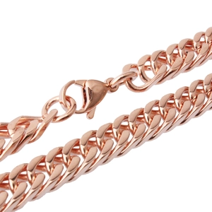 Macro shot of 8mm rose gold Cuban chain links with lobster clasp detail