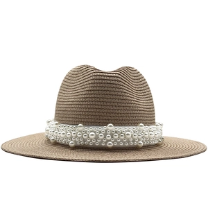 Unisex Fedora straw sun hat with elegant pearl band decoration for beach and outdoor use
