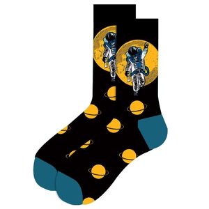 Detailed view of black astronaut crew socks featuring planet and moon space patterns