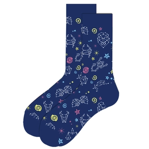 Detail of dark blue crew socks with white constellation patterns and geometric lines