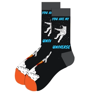 Detail of black astronaut socks with rocket pattern and You Are My Universe text