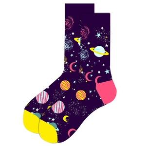 Detail of crew socks with space galaxy patterns including planets, stars and moons