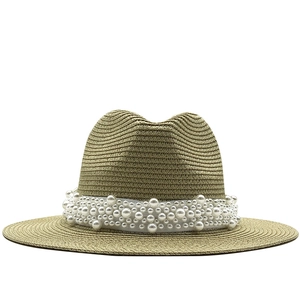Women Straw Fedora Hat With Artificial Pearl Ribbon Wide Brim Sun Protection Summer Beach Jazz Hat Elegant Breathable