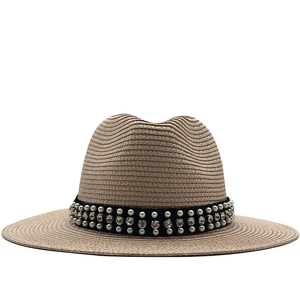 British style khaki straw sun hat for women with black ribbon and pearl rhinestone trim
