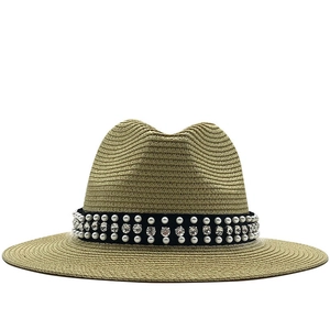 Women's Fedora straw sun hat with black ribbon, white pearls and sparkling rhinestones