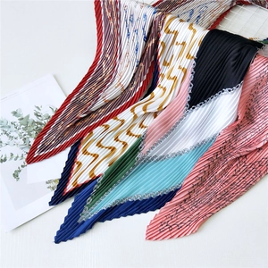 Women Pleated Small Square Scarf Polyester Satiny Neck Scarf Korean Style Geometric Chain Paisley Decorative Accessory