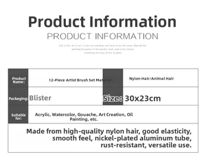 Detailed size chart for 12pcs artist paint brush set showing length and bristle specs
