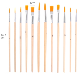 Detail view of 12 paint brushes with measurements, nylon bristles and wooden handles