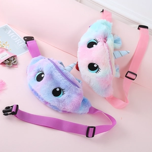 Plush unicorn waist bags in pink and purple gradient with soft fur texture for girls