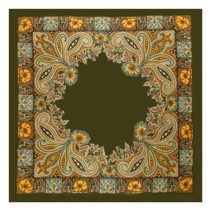 Vista dettagliata del foulard quadrato in raso verde oliva con motivi paisley e fiori